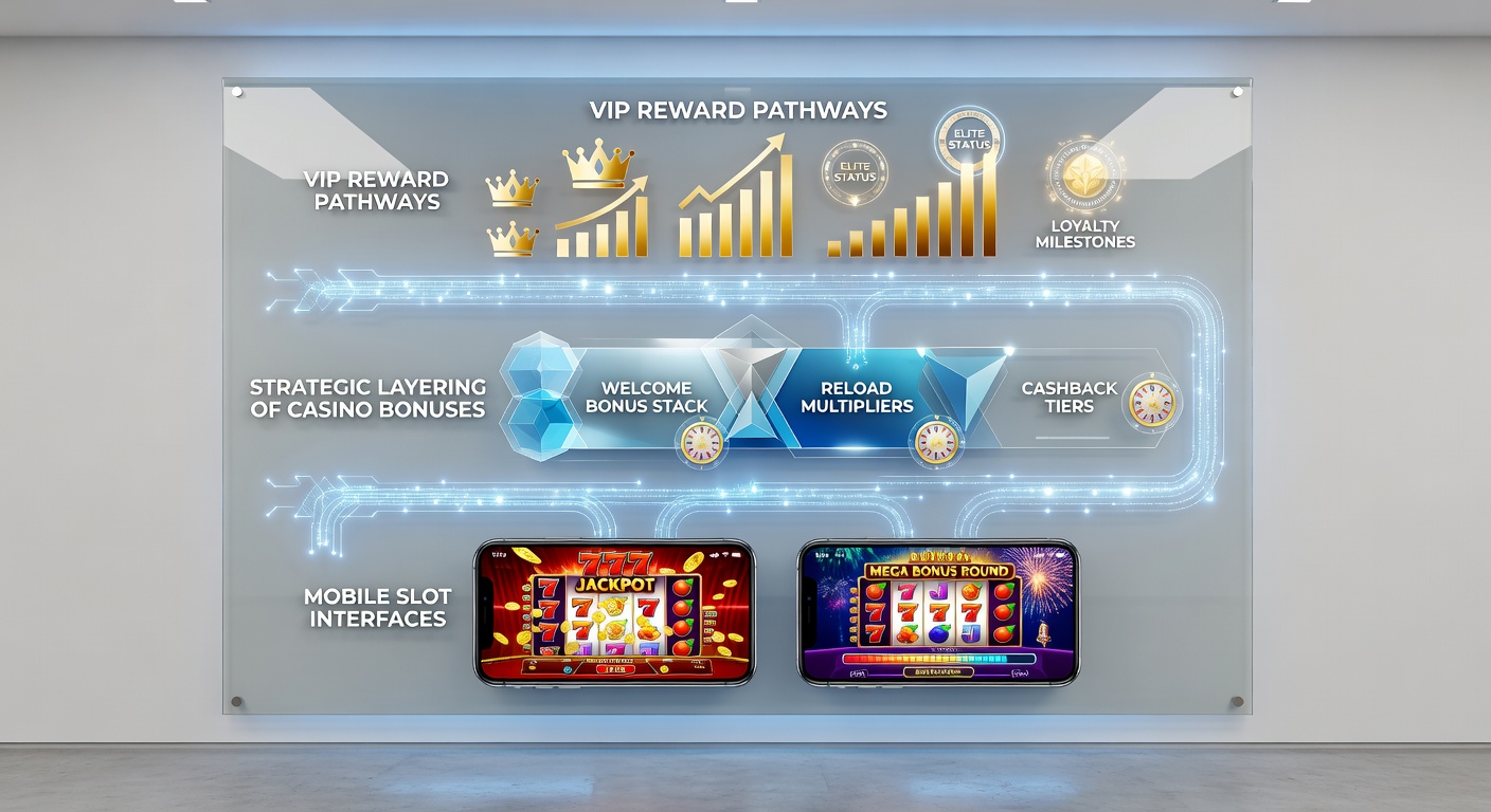 VIP-Belohnungspfad-Diagramm mit mobilen Slot-Elementen und gestapelten Boni